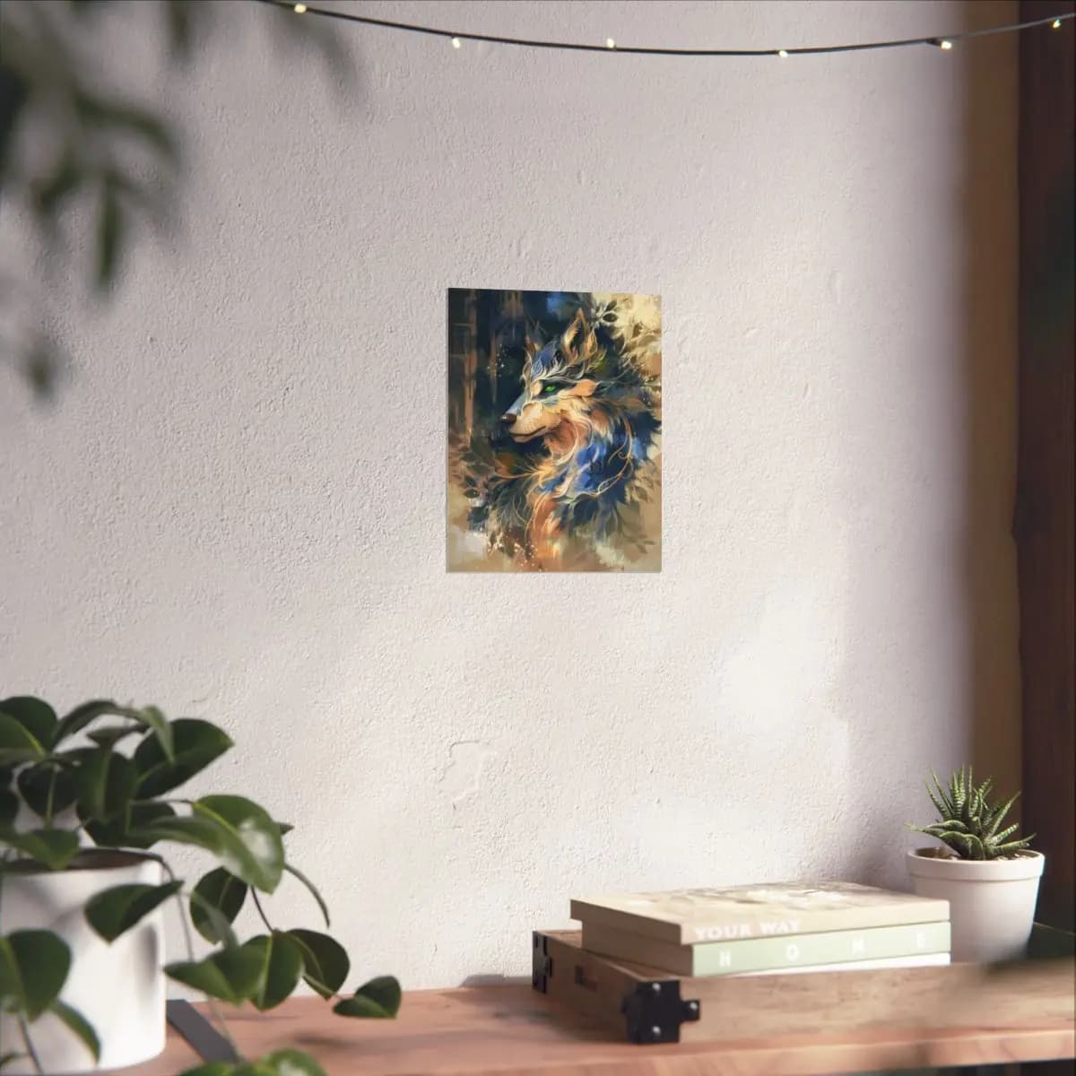 Mystical Wolf With Green Eyes and Golden Foliage - Matte Vertical Posters mockup angle 6