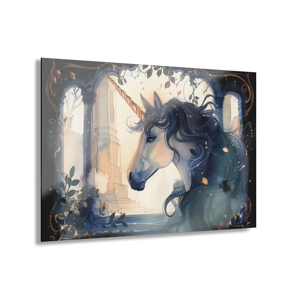 Dark Unicorn Among Golden Ancient Ruins - Acrylic Prints (French Cleat Hanging) mockup angle 1