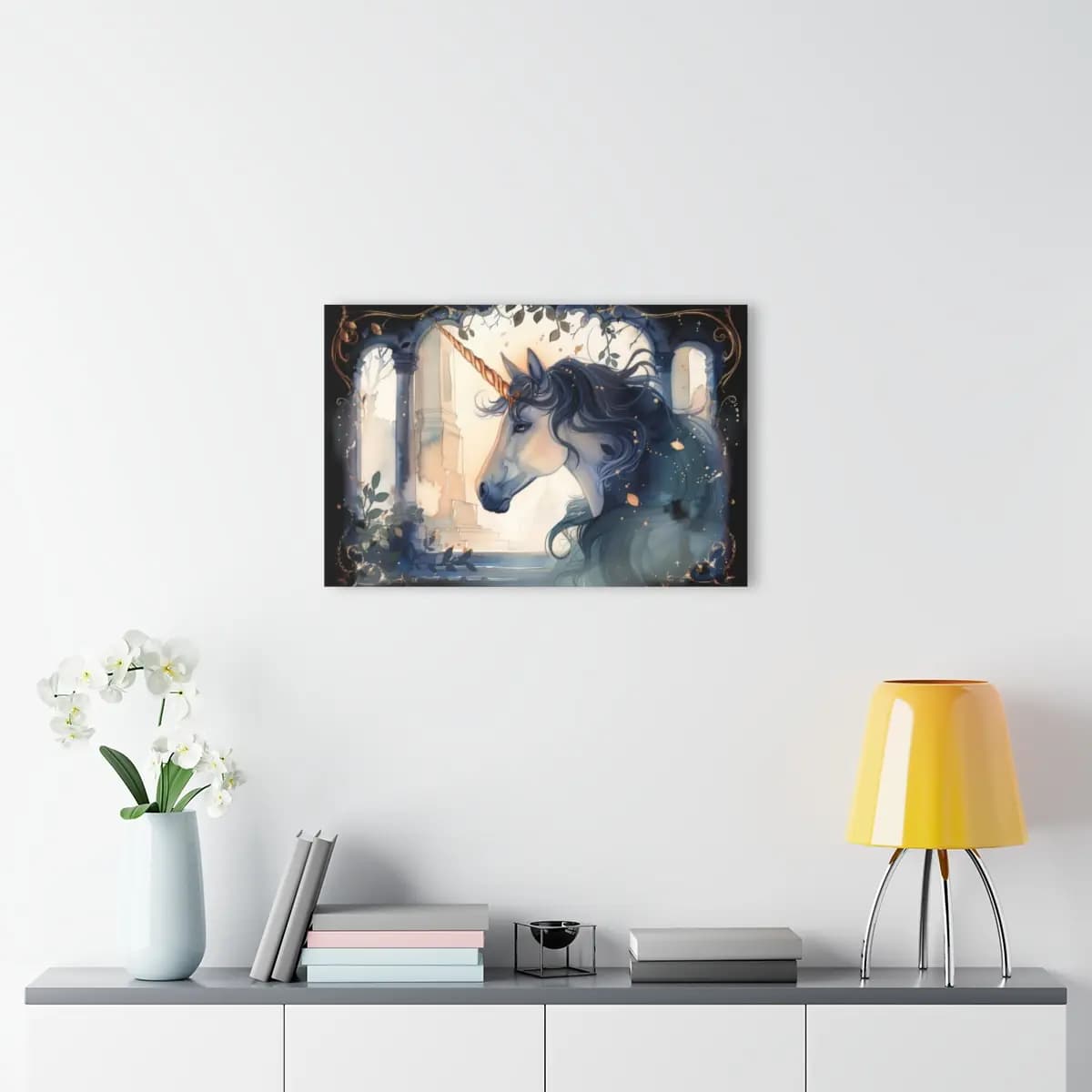 Dark Unicorn Among Golden Ancient Ruins - Acrylic Prints (French Cleat Hanging) mockup angle 4