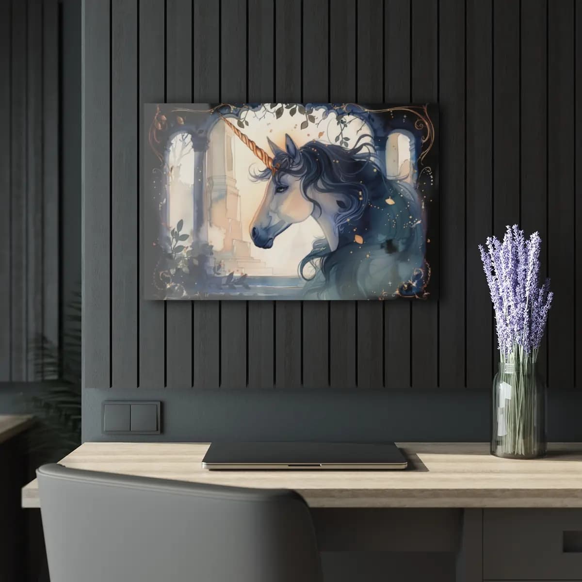 Dark Unicorn Among Golden Ancient Ruins - Acrylic Prints (French Cleat Hanging) mockup angle 5