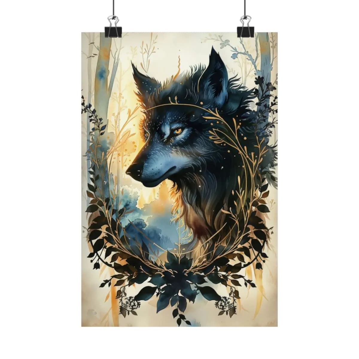 Black Wolf with Golden Eyes and Botanicals - Matte Vertical Posters mockup angle 1