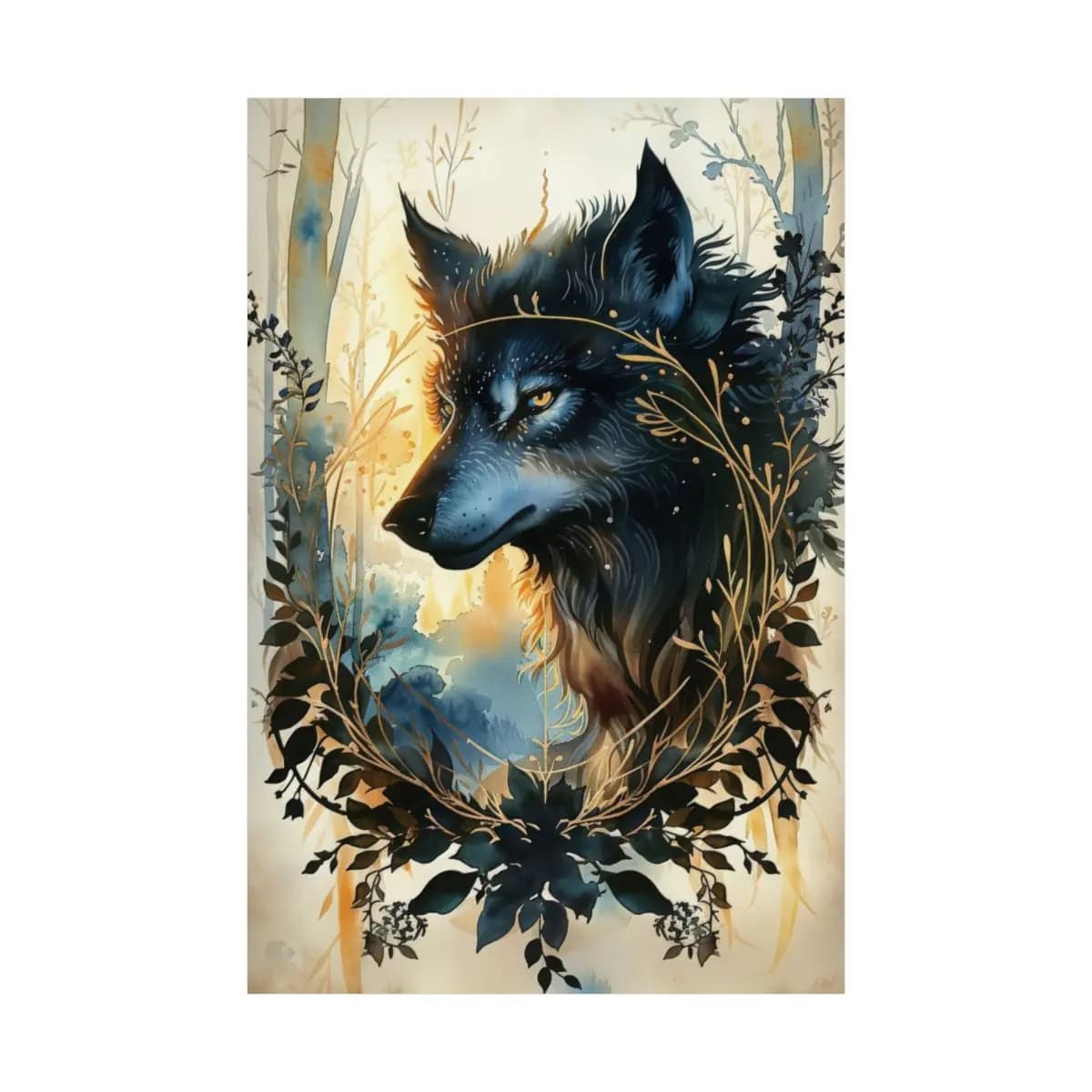 Black Wolf with Golden Eyes and Botanicals - Matte Vertical Posters mockup angle 2