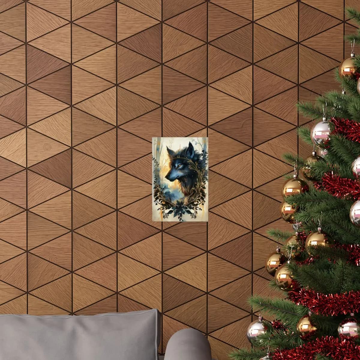 Black Wolf with Golden Eyes and Botanicals - Matte Vertical Posters mockup angle 4
