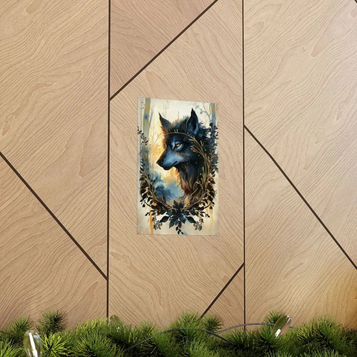 Black Wolf with Golden Eyes and Botanicals - Matte Vertical Posters mockup angle 5