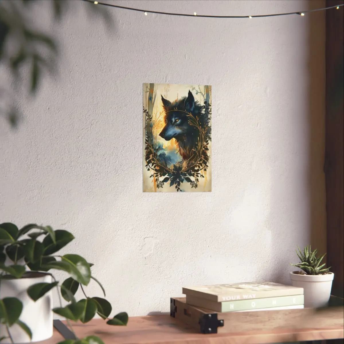 Black Wolf with Golden Eyes and Botanicals - Matte Vertical Posters mockup angle 6