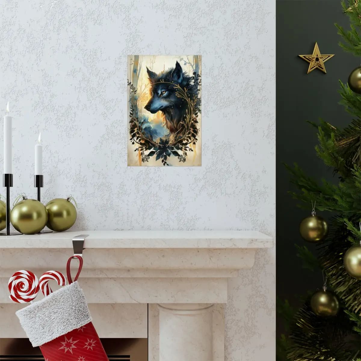 Black Wolf with Golden Eyes and Botanicals - Matte Vertical Posters mockup angle 7