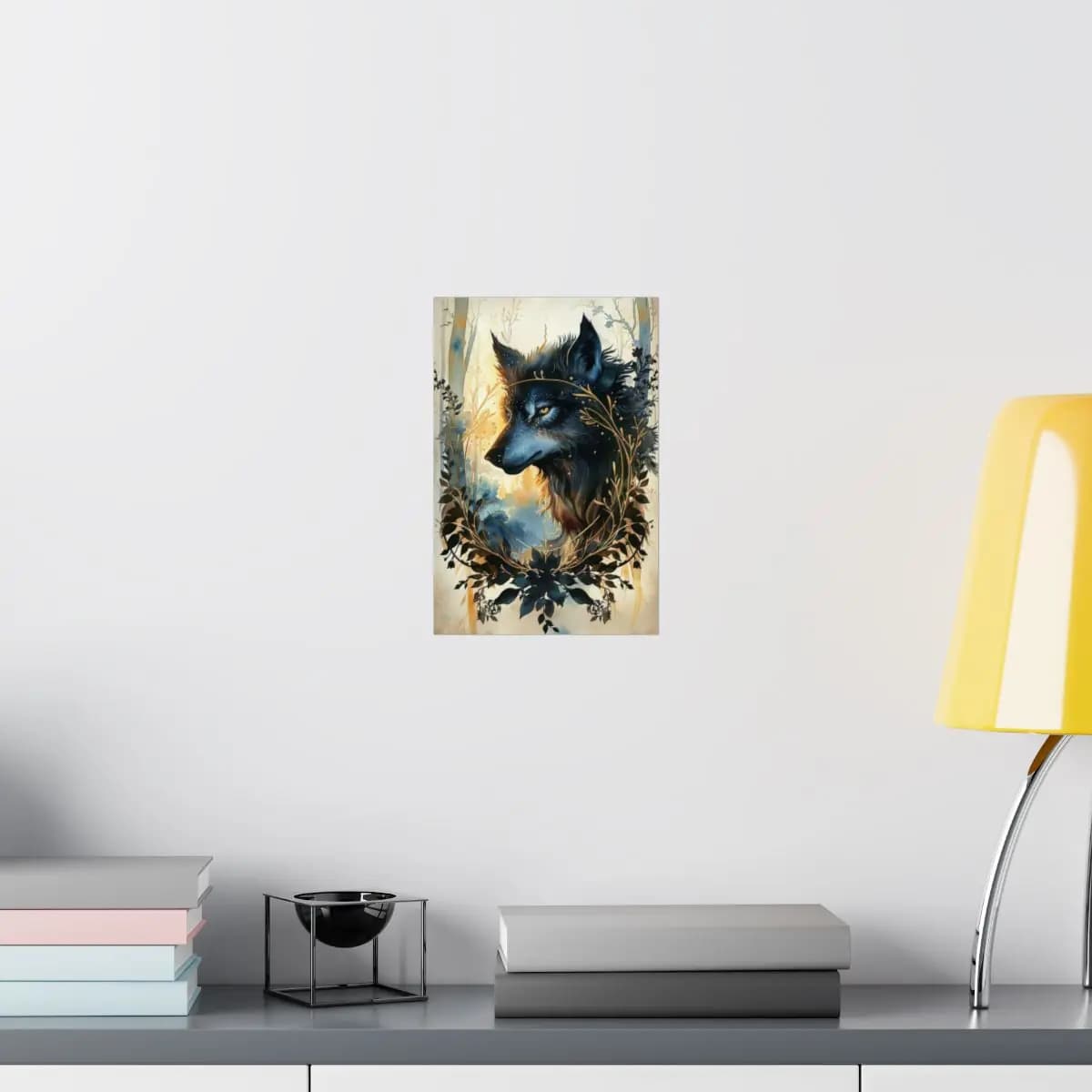 Black Wolf with Golden Eyes and Botanicals - Matte Vertical Posters mockup angle 8