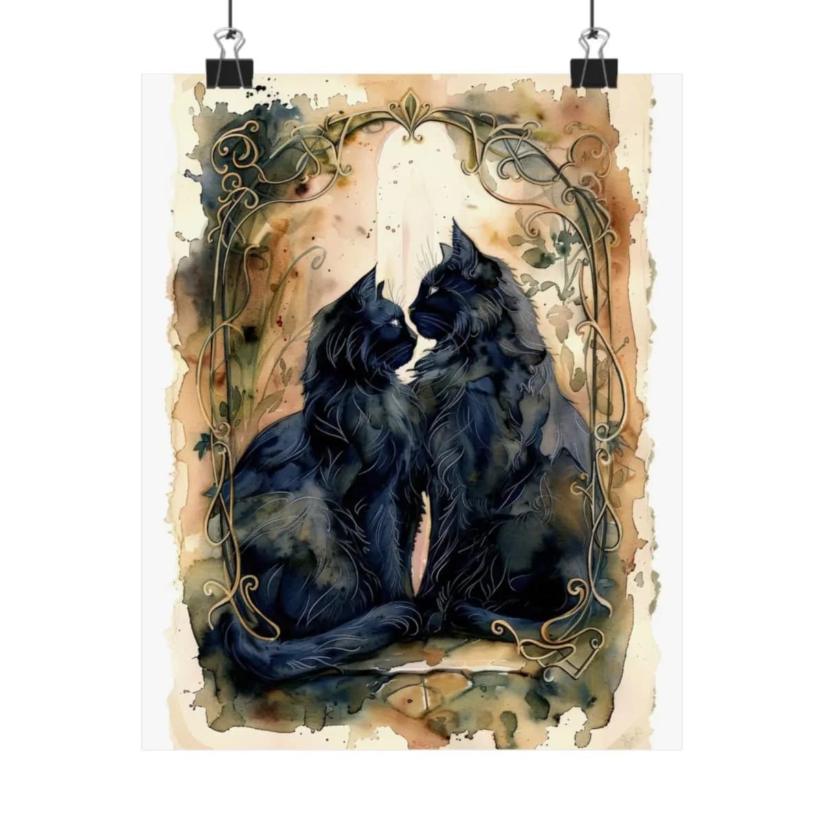 Two Black Cats Entwined Beneath a Lunar Halo - Matte Vertical Posters mockup angle 1
