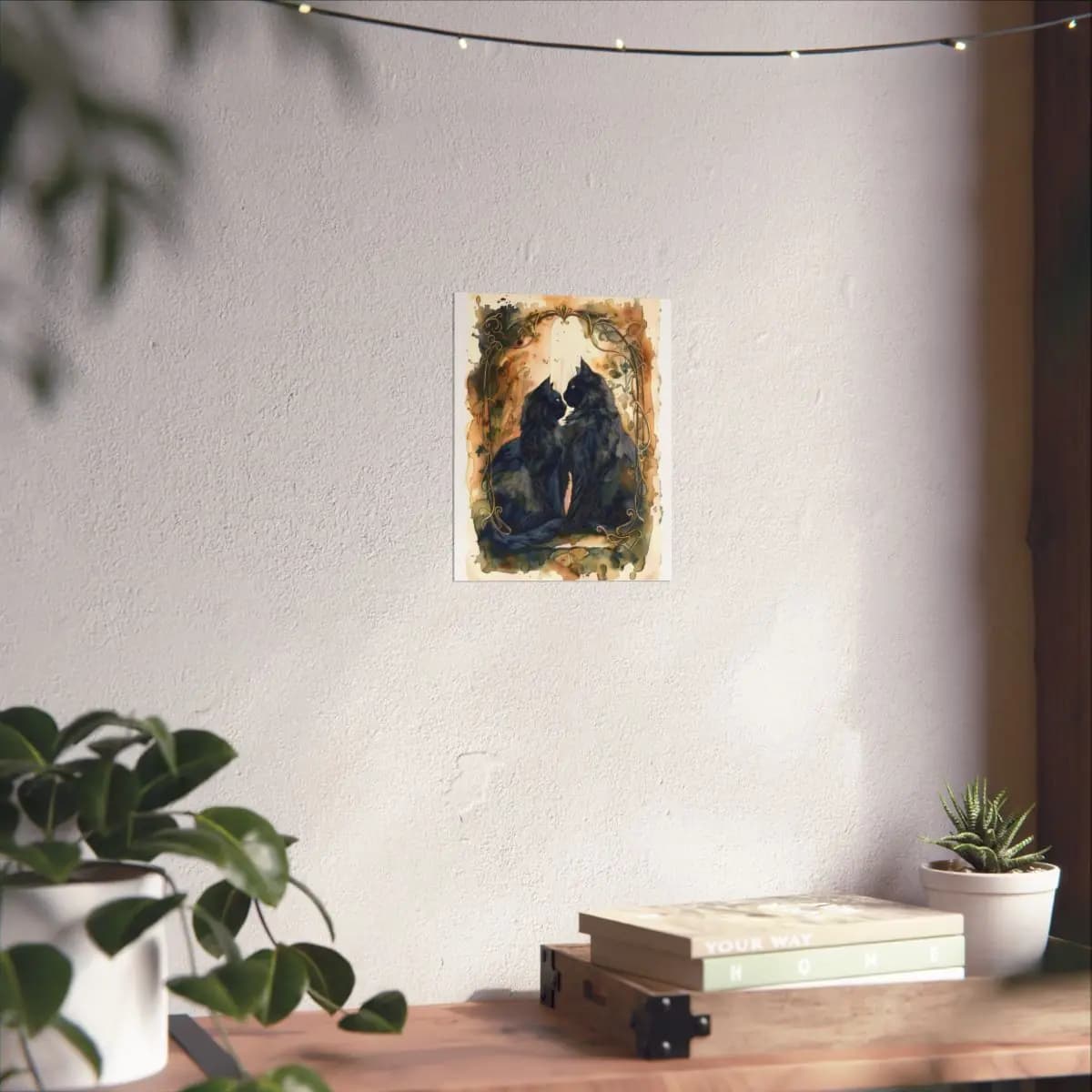 Two Black Cats Entwined Beneath a Lunar Halo - Matte Vertical Posters mockup angle 6