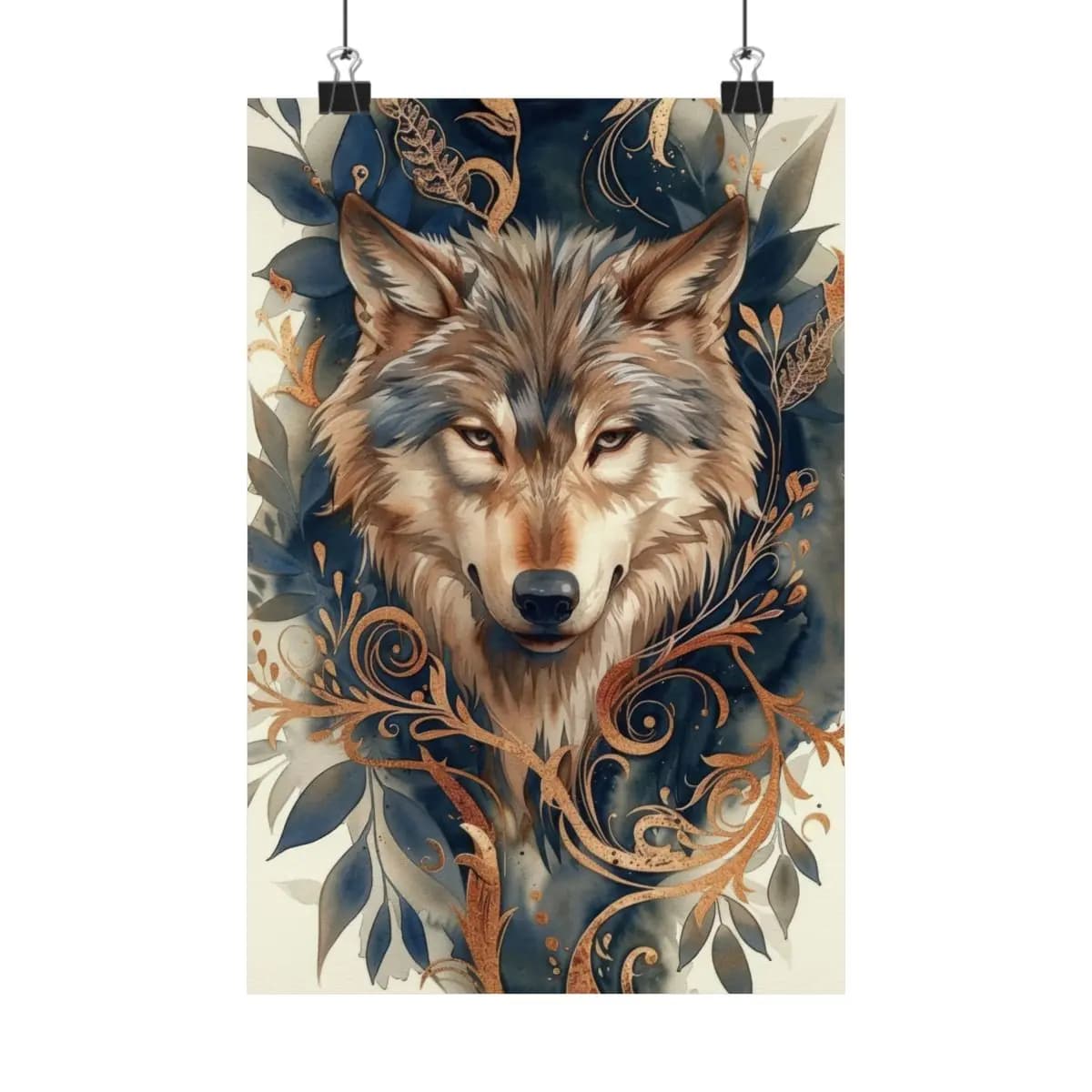 Majestic Wolf Amid Golden Scrollwork and Blue Foliage - Matte Vertical Posters mockup angle 1