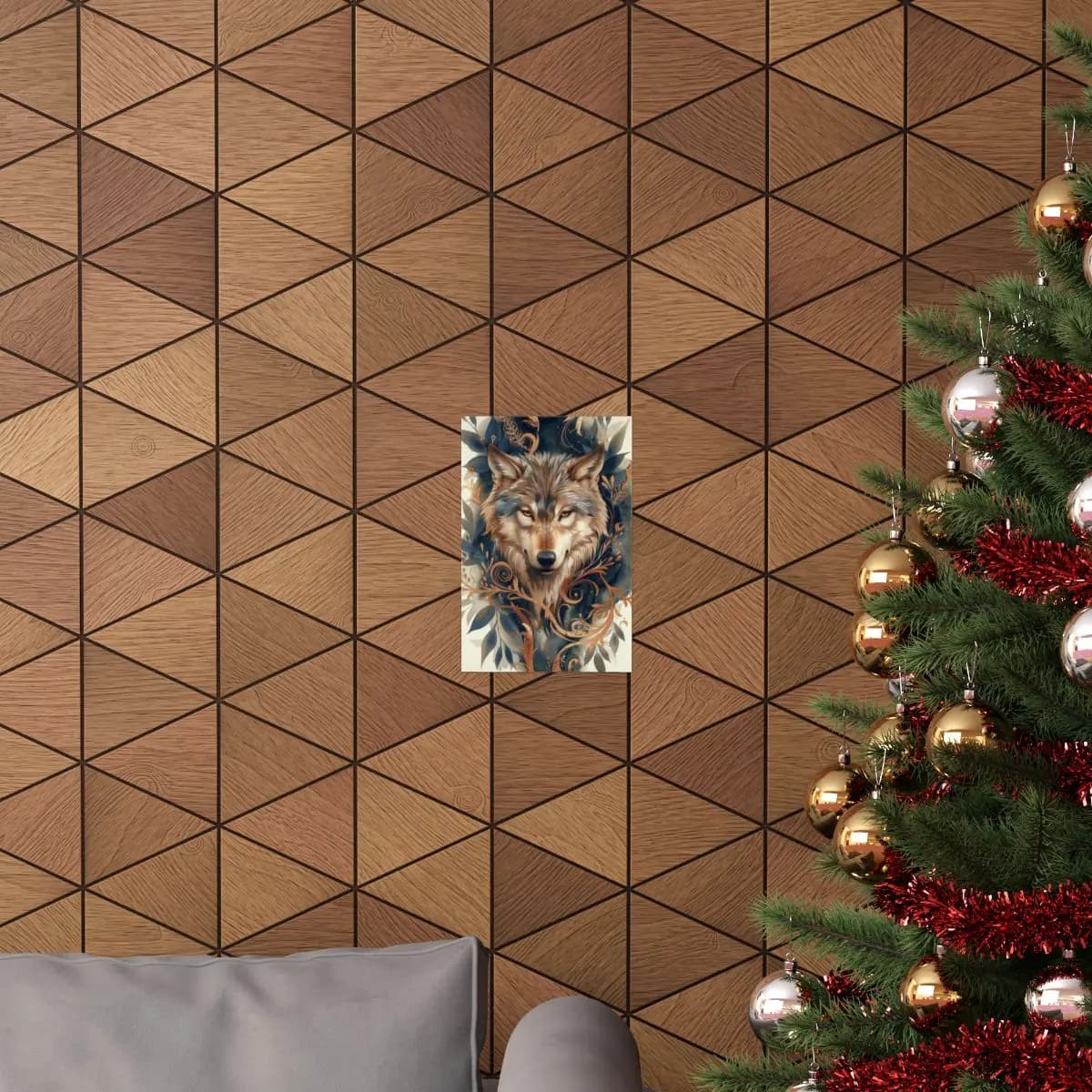 Majestic Wolf Amid Golden Scrollwork and Blue Foliage - Matte Vertical Posters mockup angle 4
