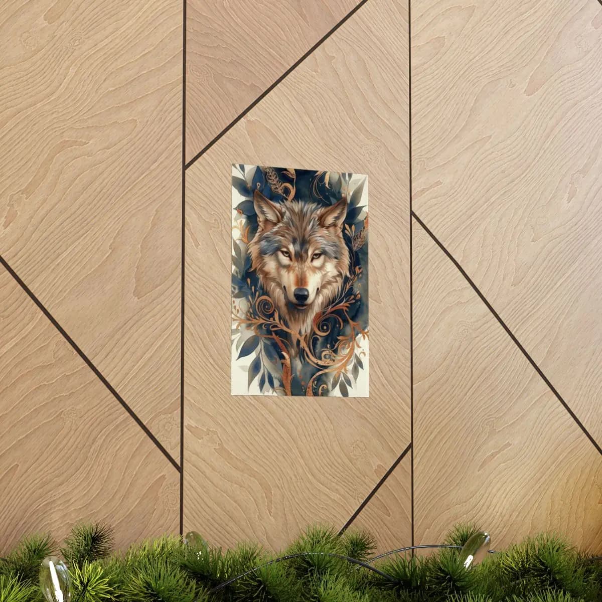 Majestic Wolf Amid Golden Scrollwork and Blue Foliage - Matte Vertical Posters mockup angle 5