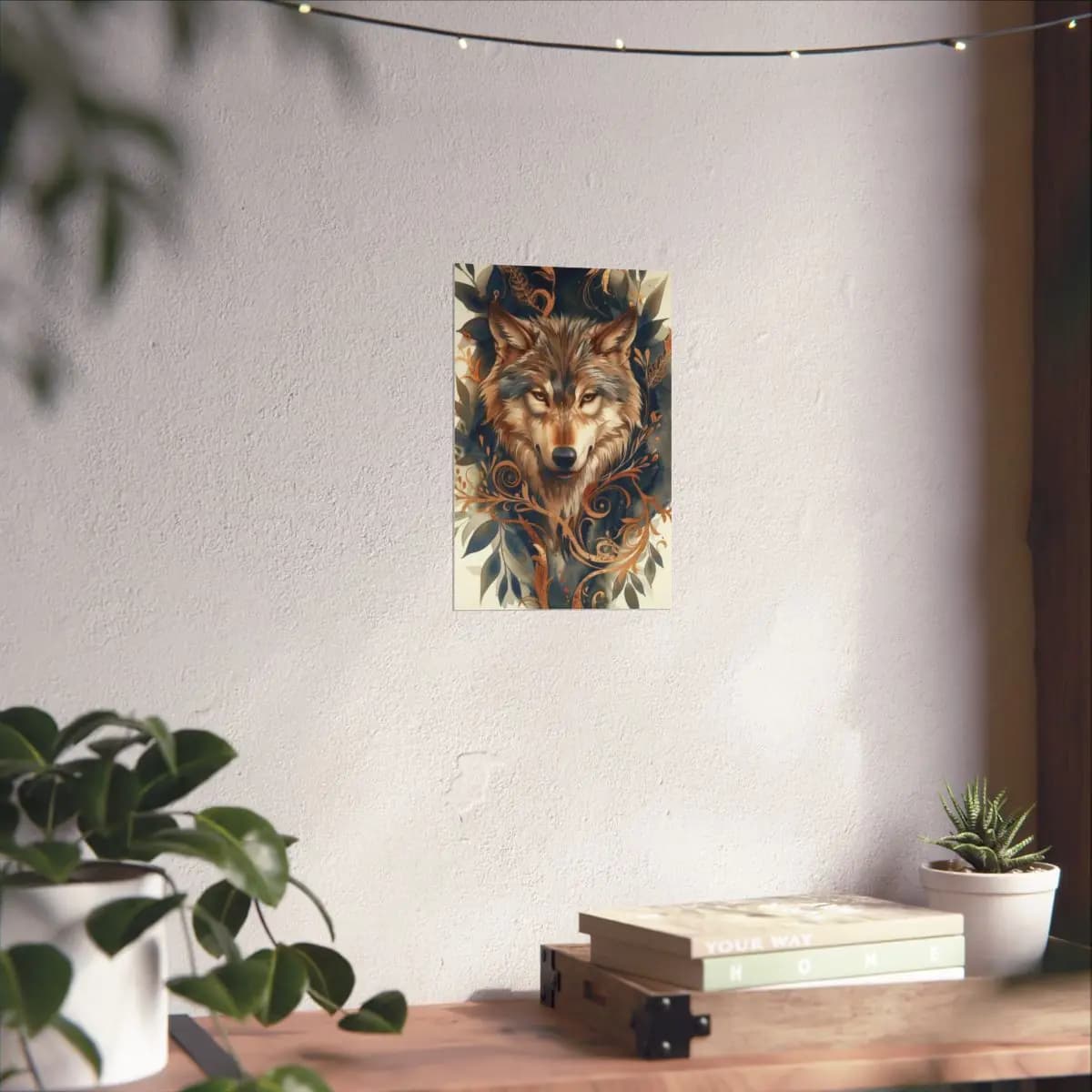 Majestic Wolf Amid Golden Scrollwork and Blue Foliage - Matte Vertical Posters mockup angle 6