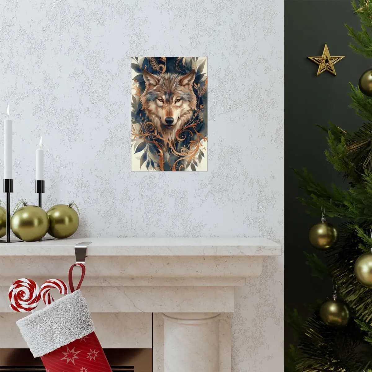 Majestic Wolf Amid Golden Scrollwork and Blue Foliage - Matte Vertical Posters mockup angle 7