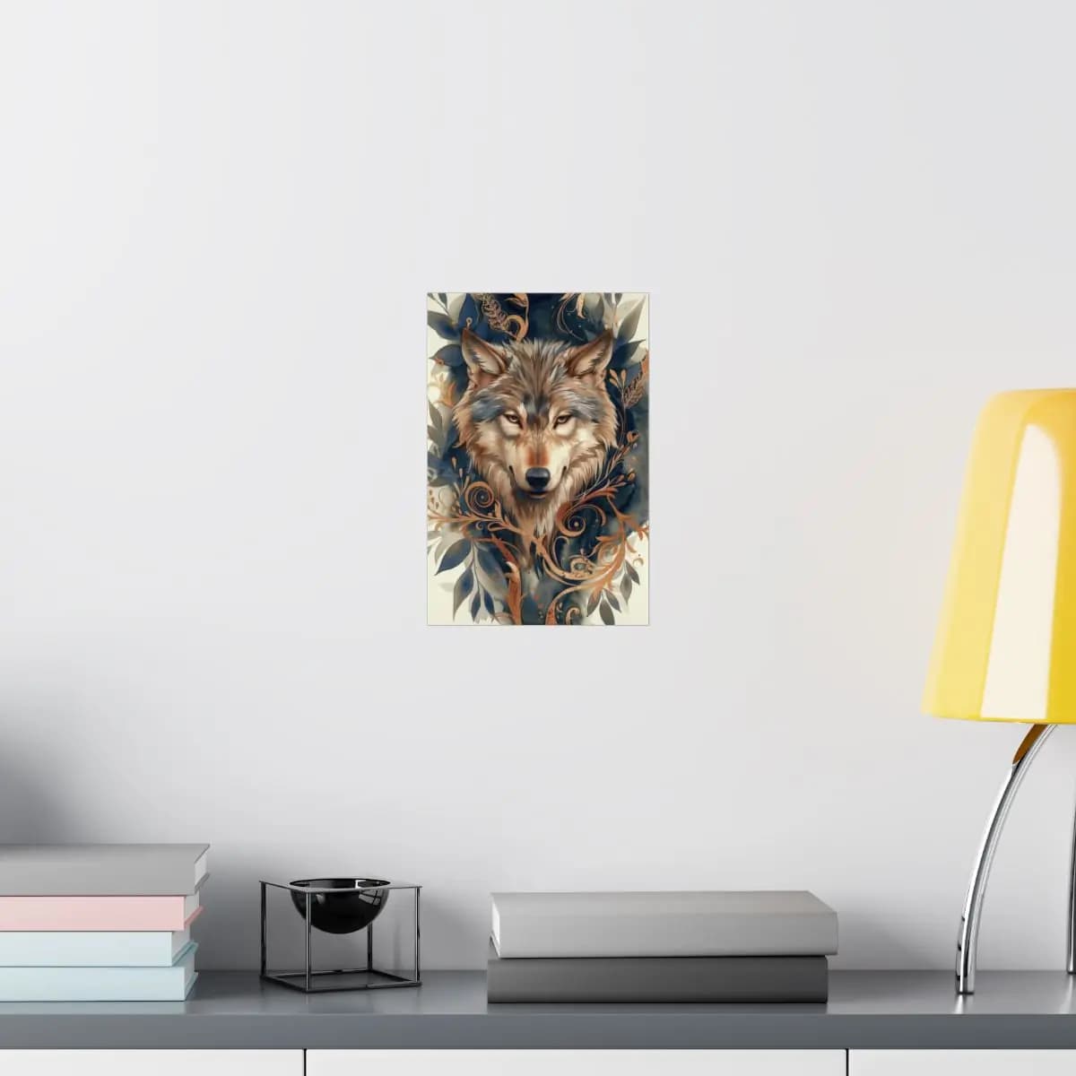 Majestic Wolf Amid Golden Scrollwork and Blue Foliage - Matte Vertical Posters mockup angle 8