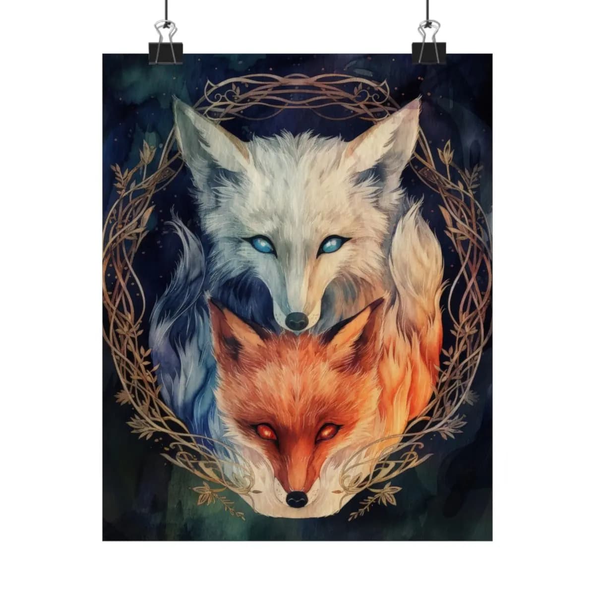 Two Foxes, Ice and Fire, Yin and Yang - Matte Vertical Posters mockup angle 1