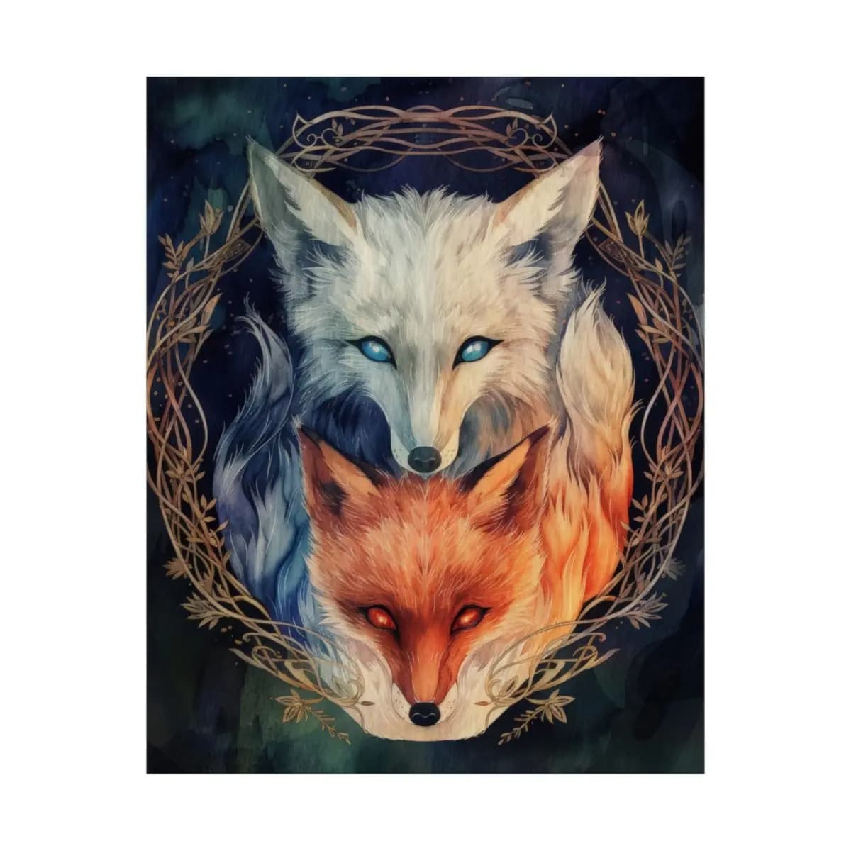 Two Foxes, Ice and Fire, Yin and Yang - Matte Vertical Posters mockup angle 2