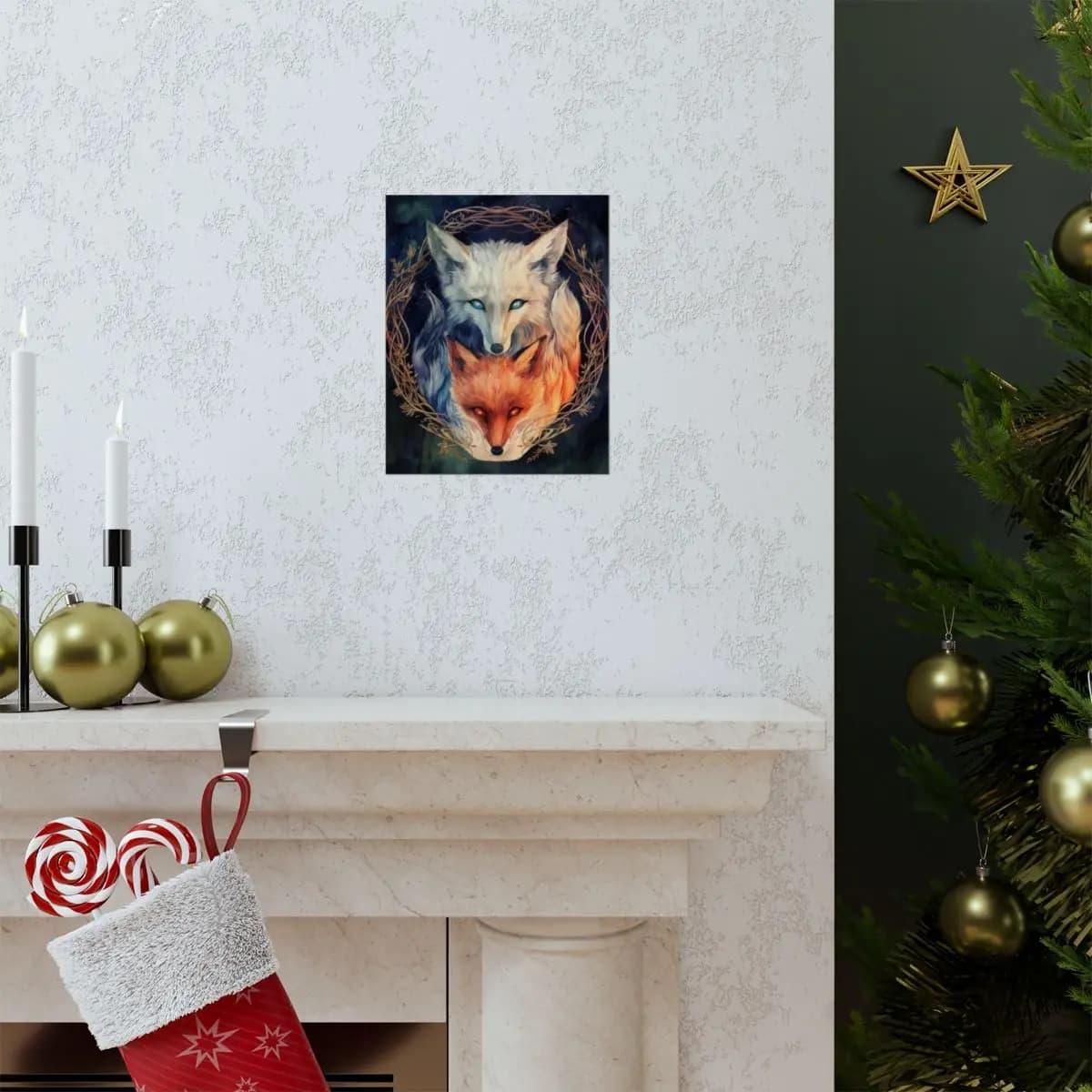 Two Foxes, Ice and Fire, Yin and Yang - Matte Vertical Posters mockup angle 7