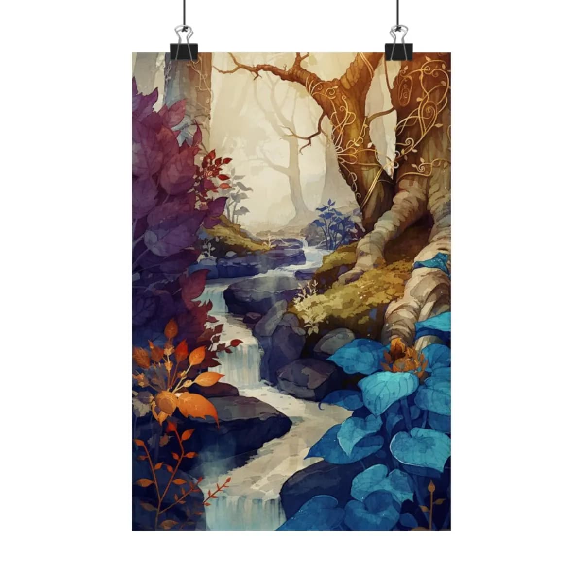 Enchanted Stream with Golden and Sapphire Hues - Matte Vertical Posters mockup angle 1