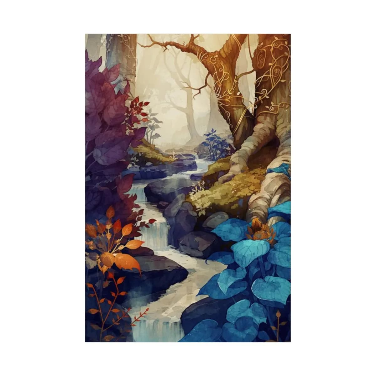 Enchanted Stream with Golden and Sapphire Hues - Matte Vertical Posters mockup angle 2