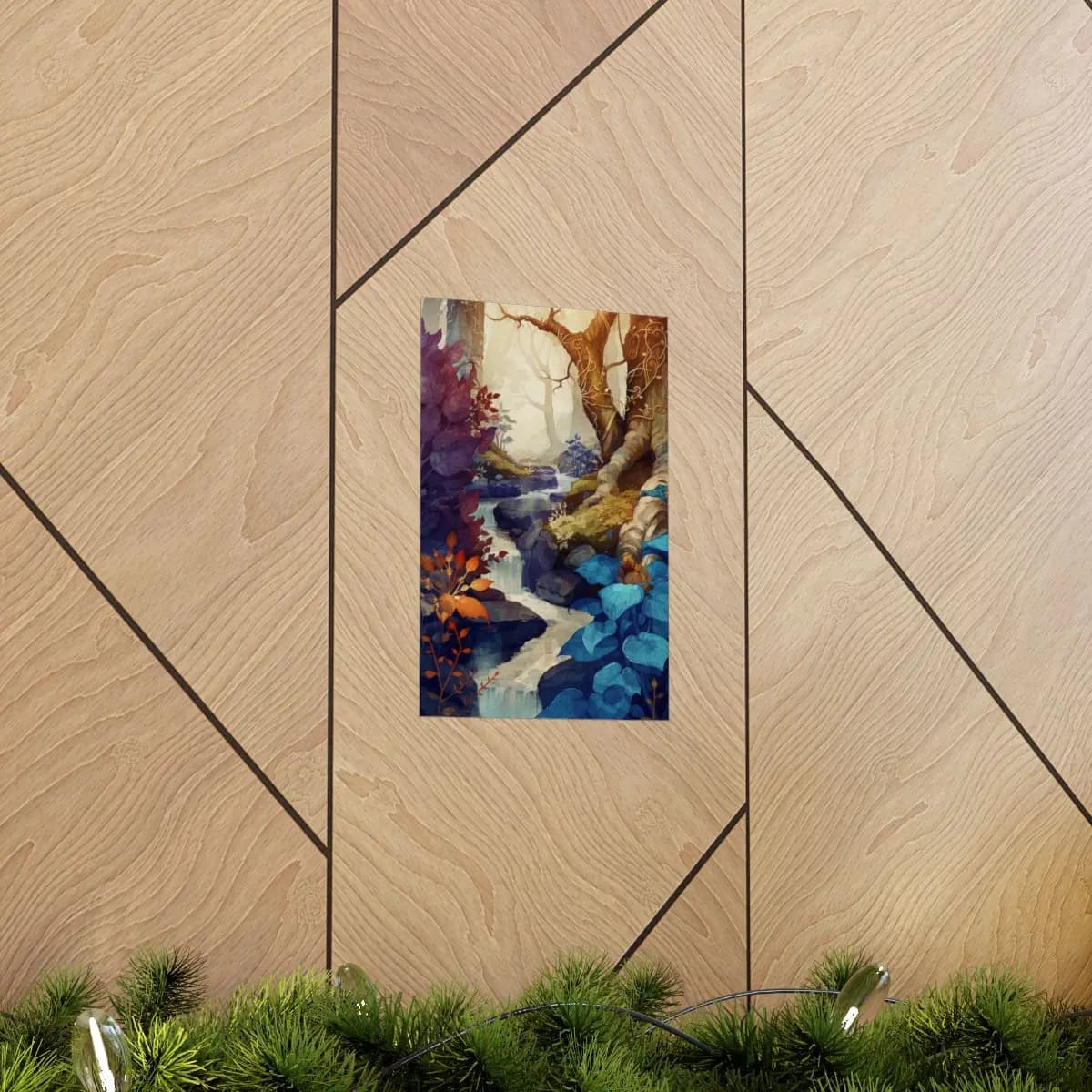 Enchanted Stream with Golden and Sapphire Hues - Matte Vertical Posters mockup angle 5