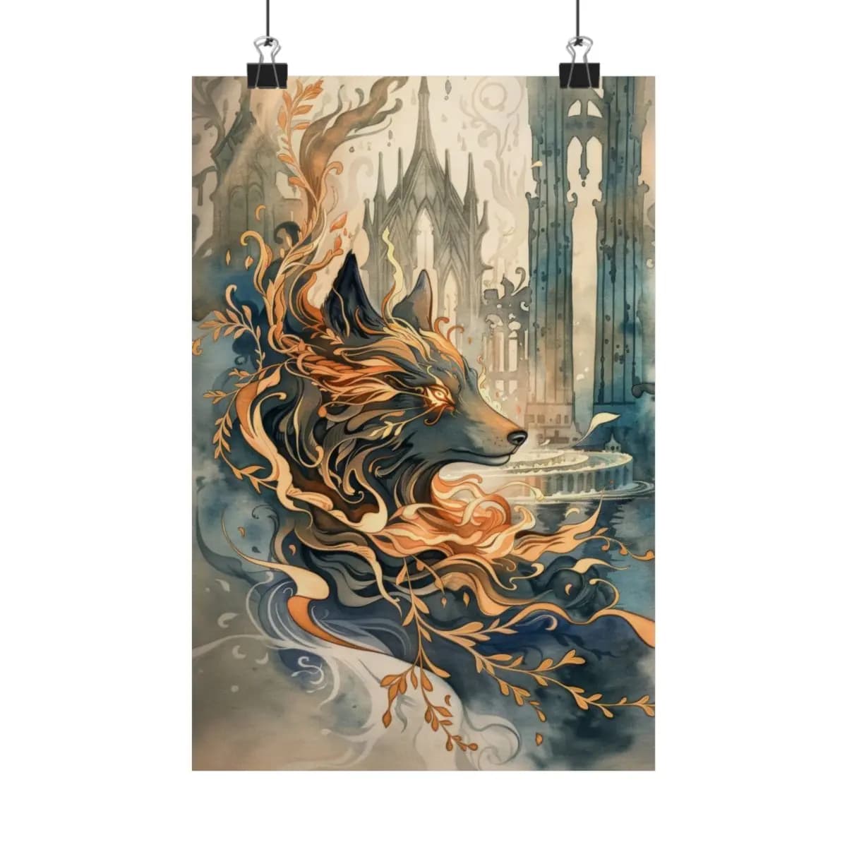The Ember Wolf at the Gothic Cathedral Gates - Matte Vertical Posters mockup angle 1