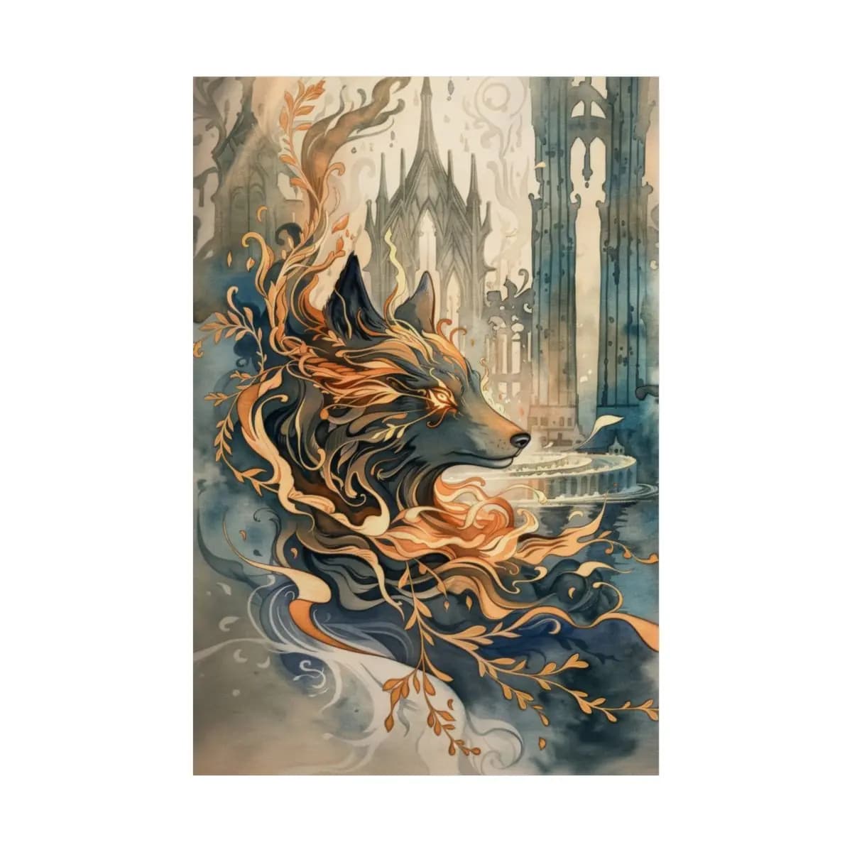 The Ember Wolf at the Gothic Cathedral Gates - Matte Vertical Posters mockup angle 2