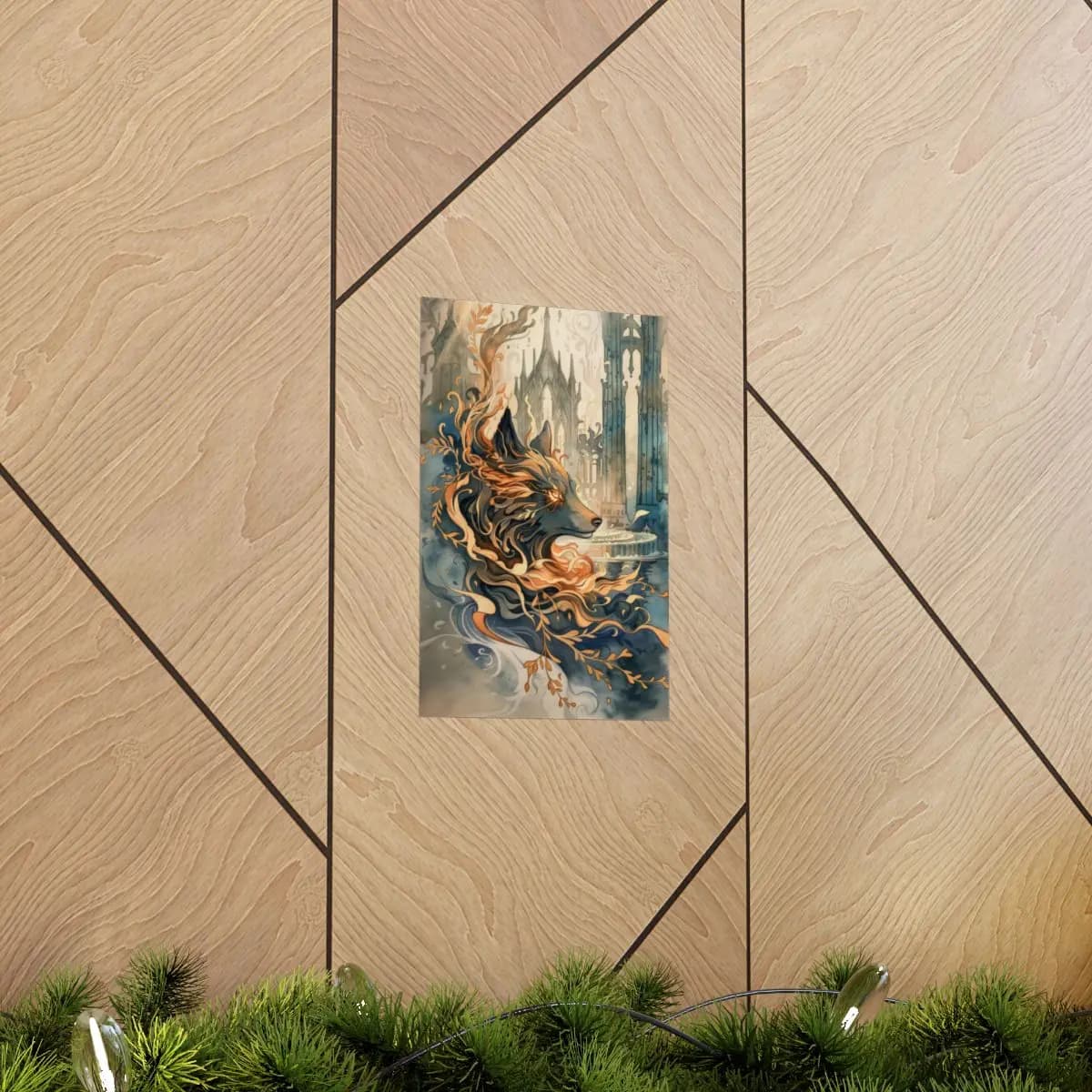 The Ember Wolf at the Gothic Cathedral Gates - Matte Vertical Posters mockup angle 5