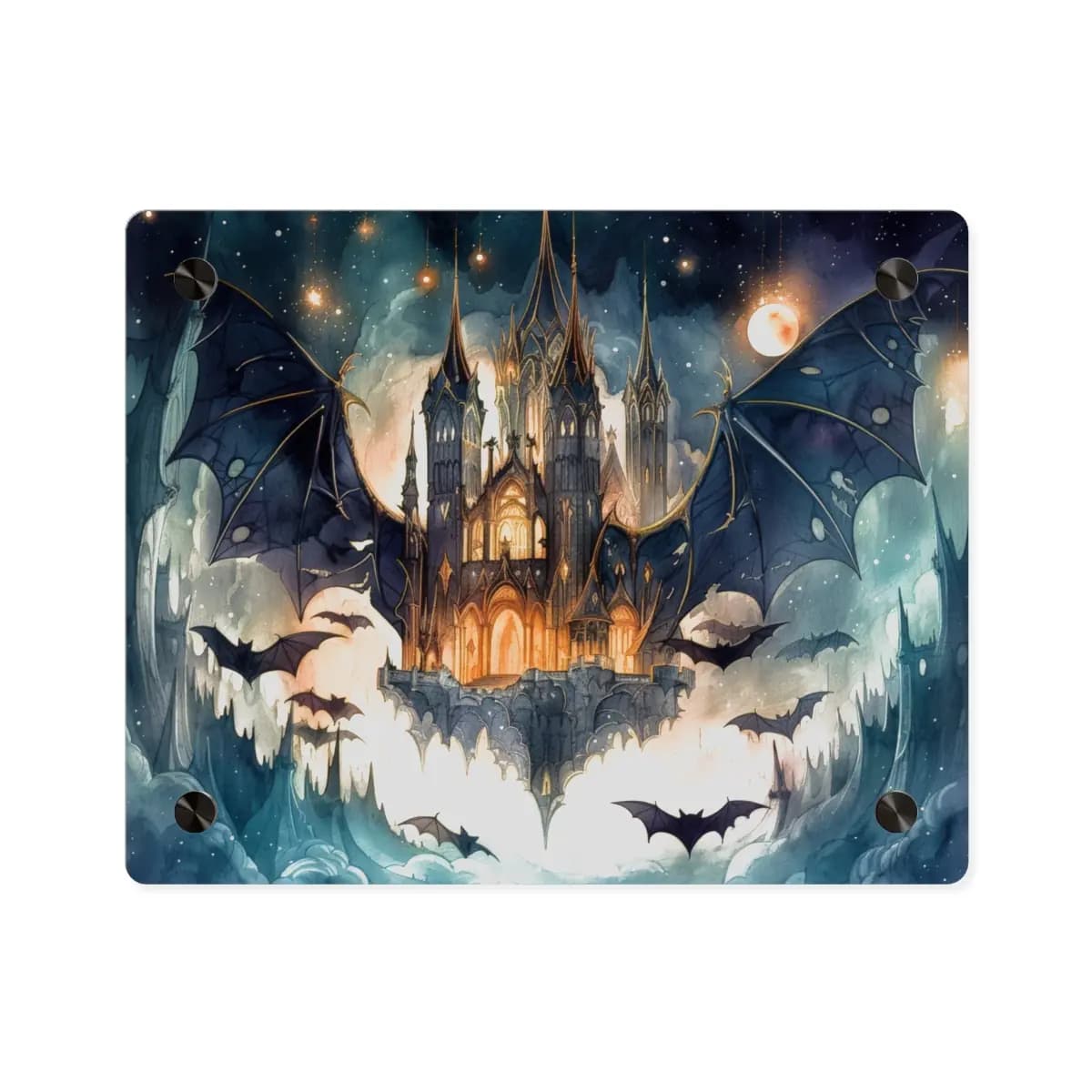 Gothic Castle with Bat Wings Beneath the Moon - Acrylic Wall Art Panels mockup angle 1
