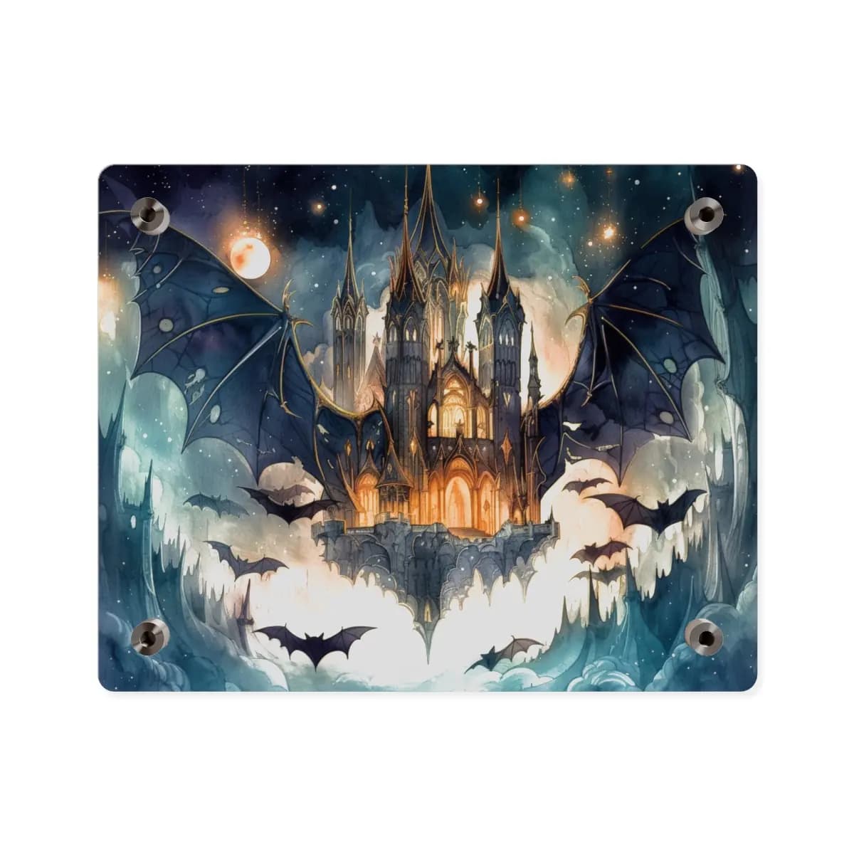 Gothic Castle with Bat Wings Beneath the Moon - Acrylic Wall Art Panels mockup angle 2