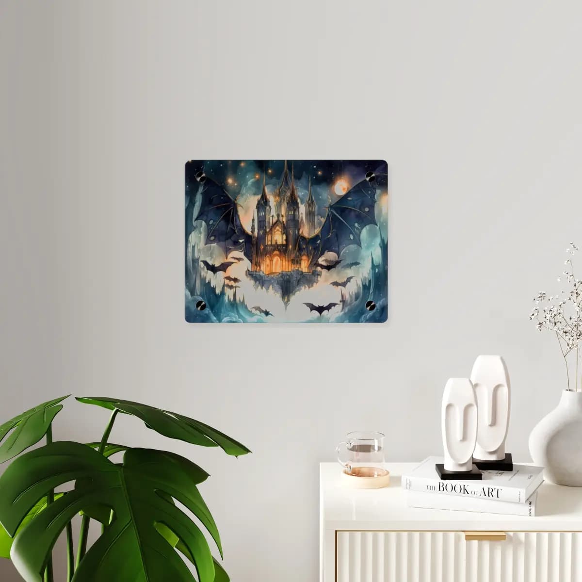 Gothic Castle with Bat Wings Beneath the Moon - Acrylic Wall Art Panels mockup angle 3