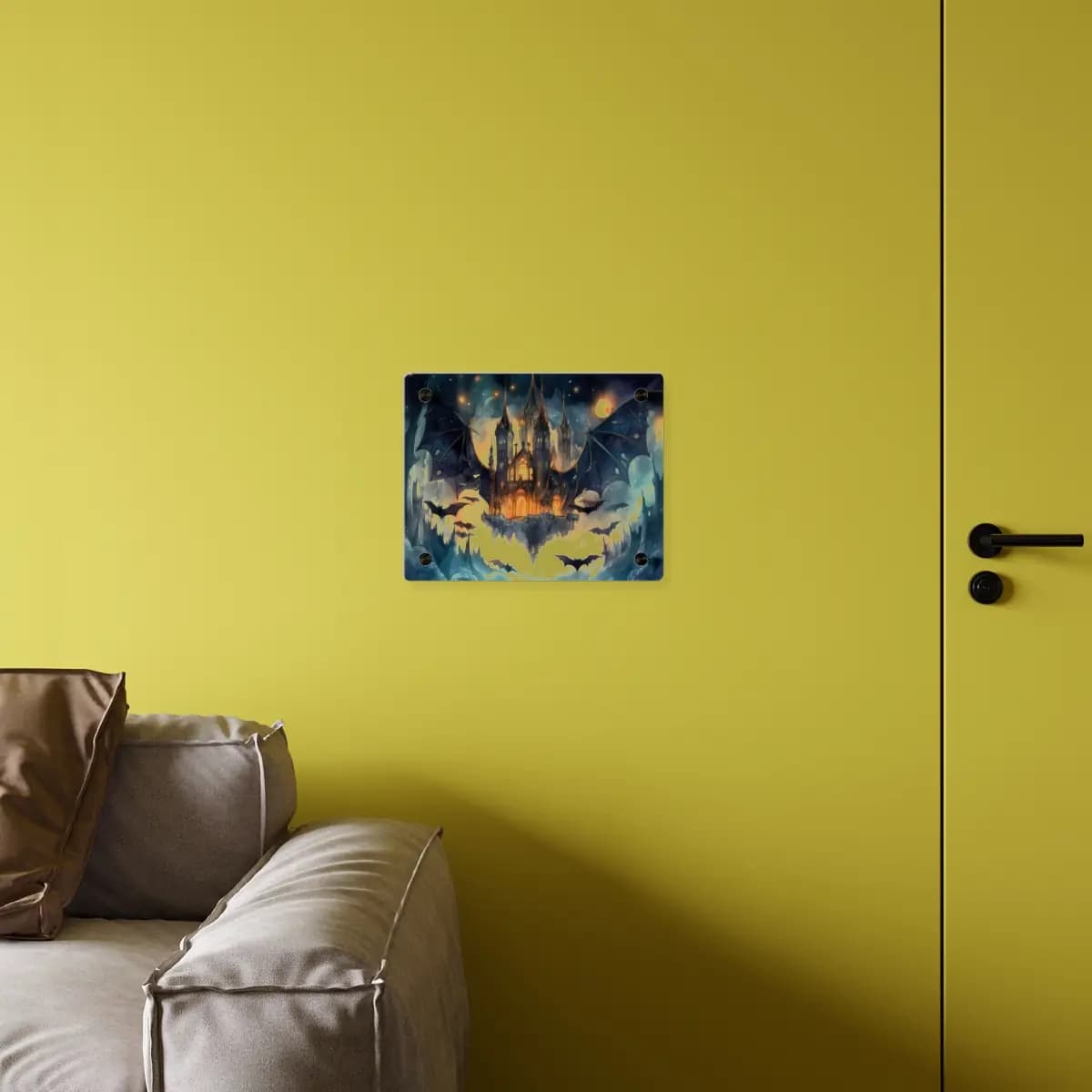 Gothic Castle with Bat Wings Beneath the Moon - Acrylic Wall Art Panels mockup angle 4