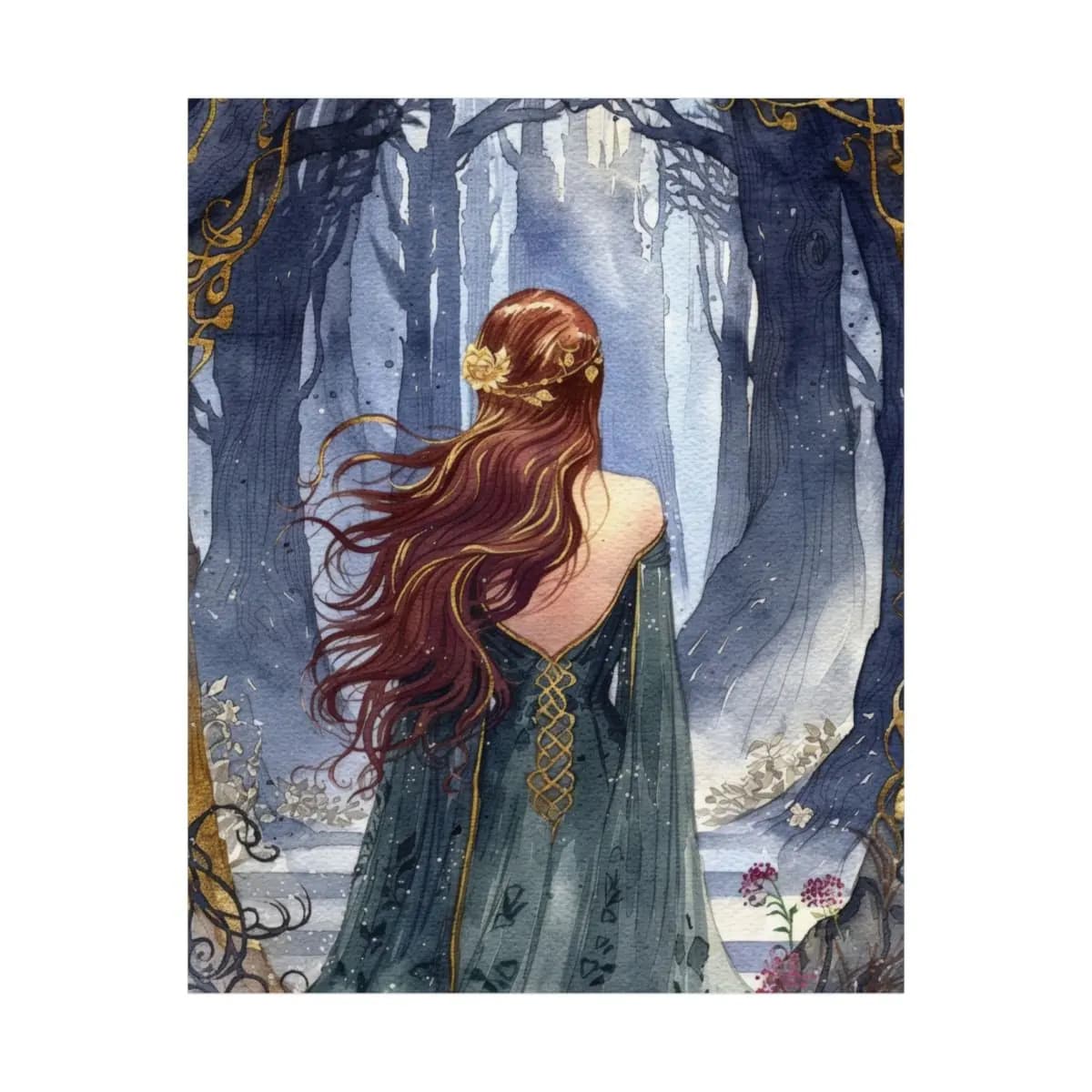 Auburn-Haired Princess at the Edge of an Enchanted Forest - Matte Vertical Posters mockup angle 2