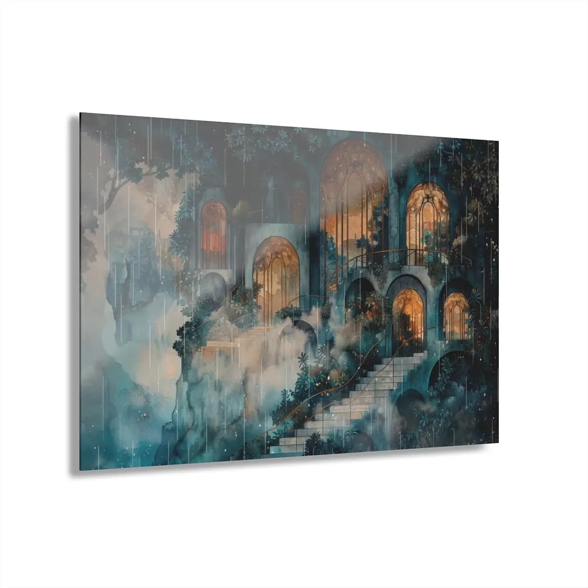 Enchanted Palace Rising Through Dream Rain - Acrylic Prints (French Cleat Hanging) mockup angle 1