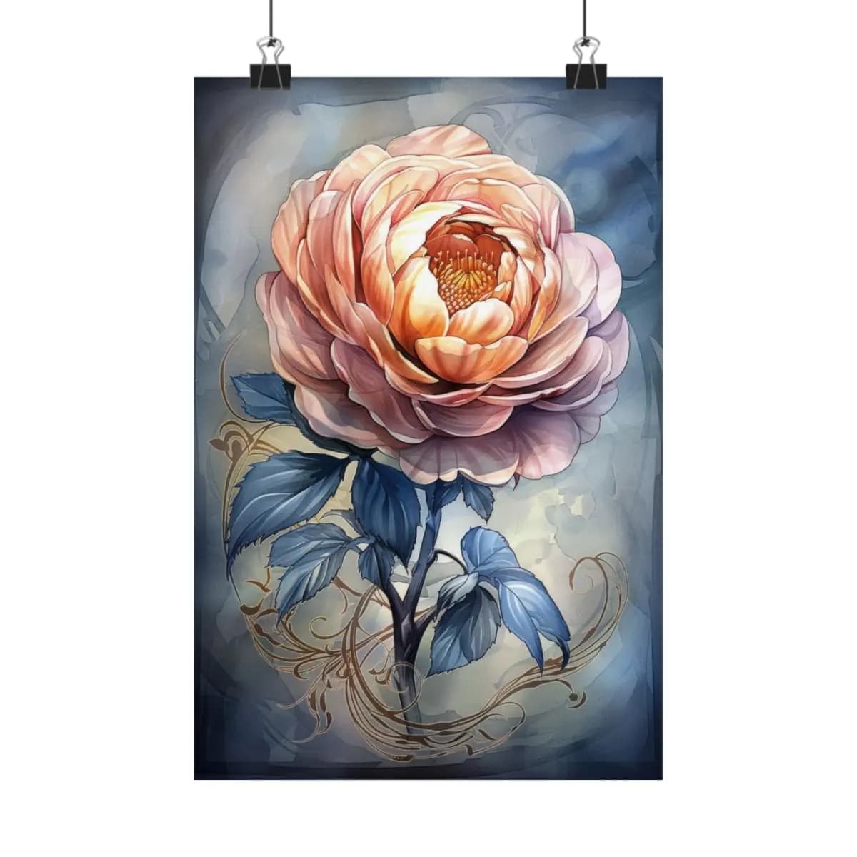 Golden Peony with Sapphire Blue Leaves - Matte Vertical Posters mockup angle 1