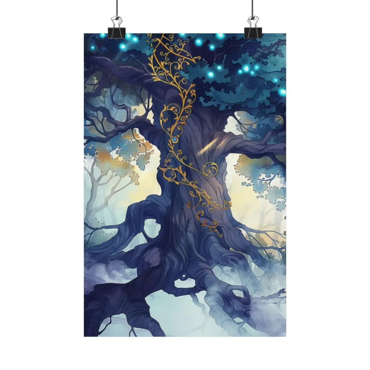 Ancient Tree of Golden Ornaments and Celestial Lights - Matte Vertical Posters mockup angle 1