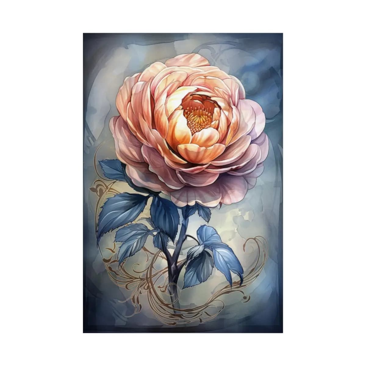 Golden Peony with Sapphire Blue Leaves - Matte Vertical Posters mockup angle 2