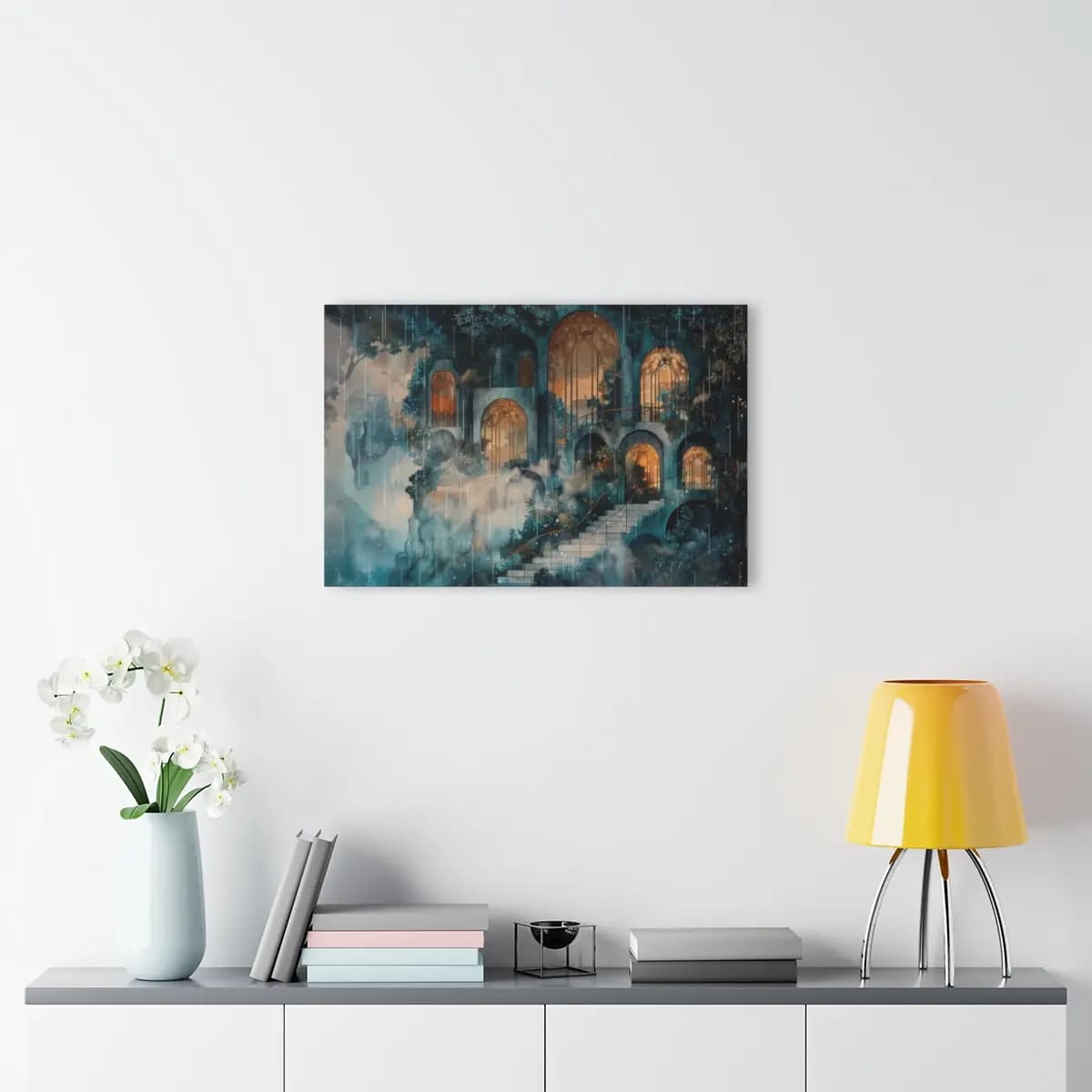 Enchanted Palace Rising Through Dream Rain - Acrylic Prints (French Cleat Hanging) mockup angle 4