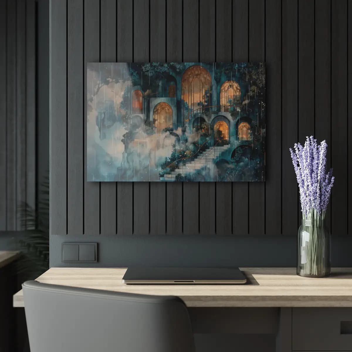 Enchanted Palace Rising Through Dream Rain - Acrylic Prints (French Cleat Hanging) mockup angle 5