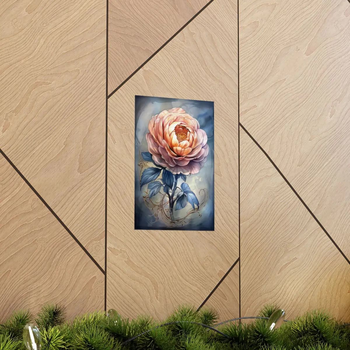 Golden Peony with Sapphire Blue Leaves - Matte Vertical Posters mockup angle 5