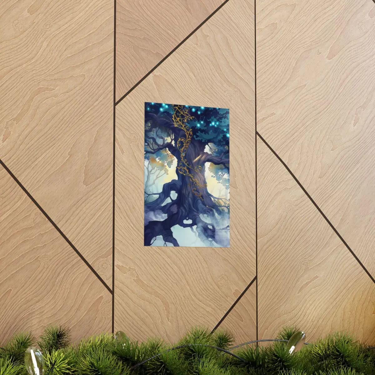 Ancient Tree of Golden Ornaments and Celestial Lights - Matte Vertical Posters mockup angle 5