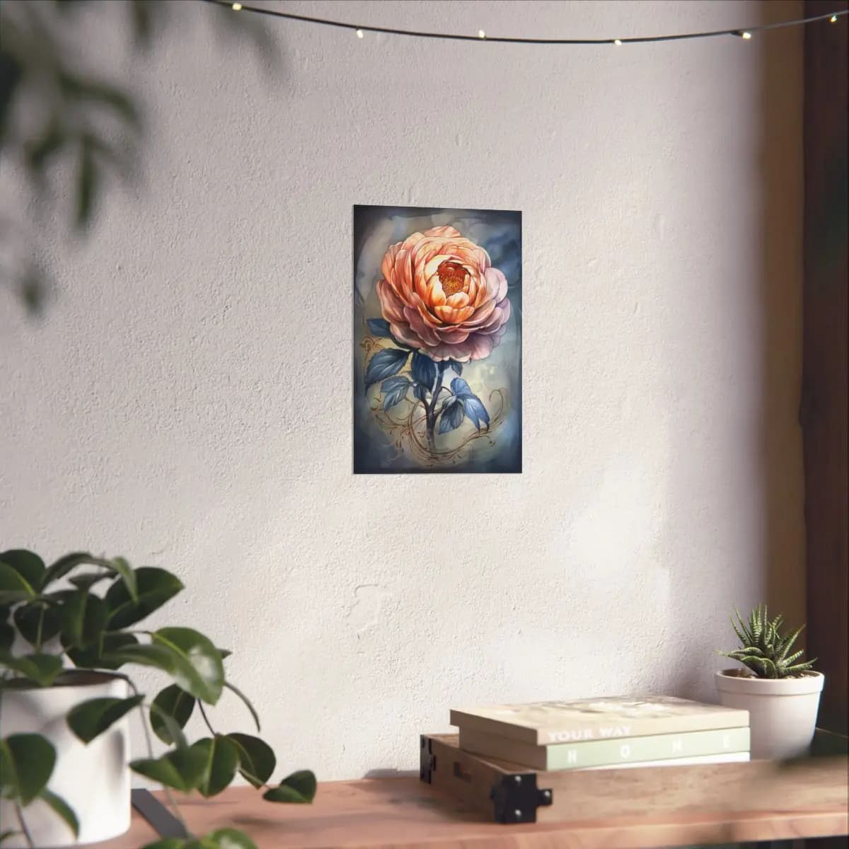 Golden Peony with Sapphire Blue Leaves - Matte Vertical Posters mockup angle 6