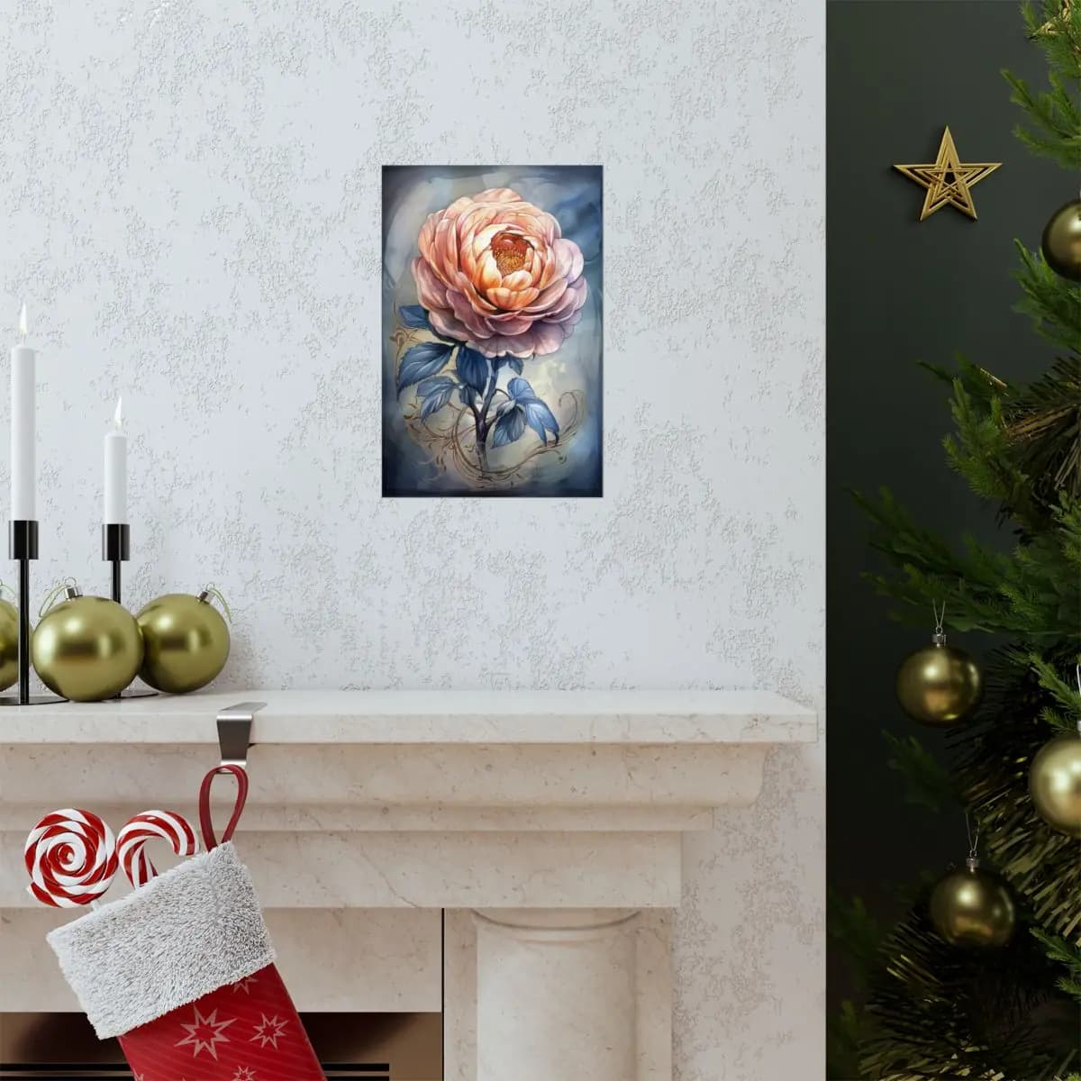 Golden Peony with Sapphire Blue Leaves - Matte Vertical Posters mockup angle 7