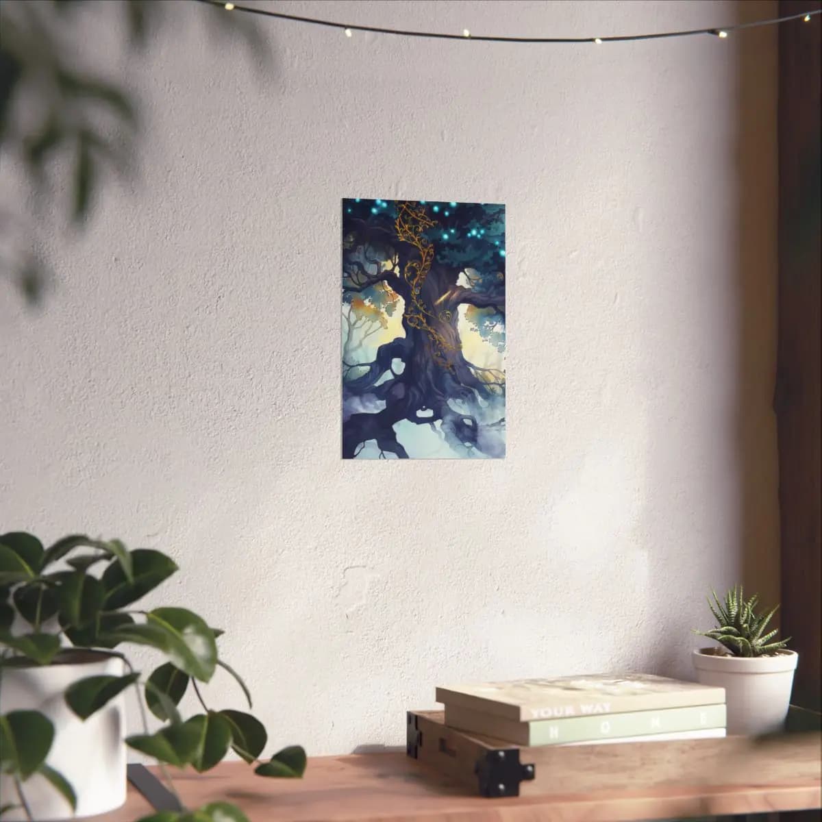 Ancient Tree of Golden Ornaments and Celestial Lights - Matte Vertical Posters mockup angle 6