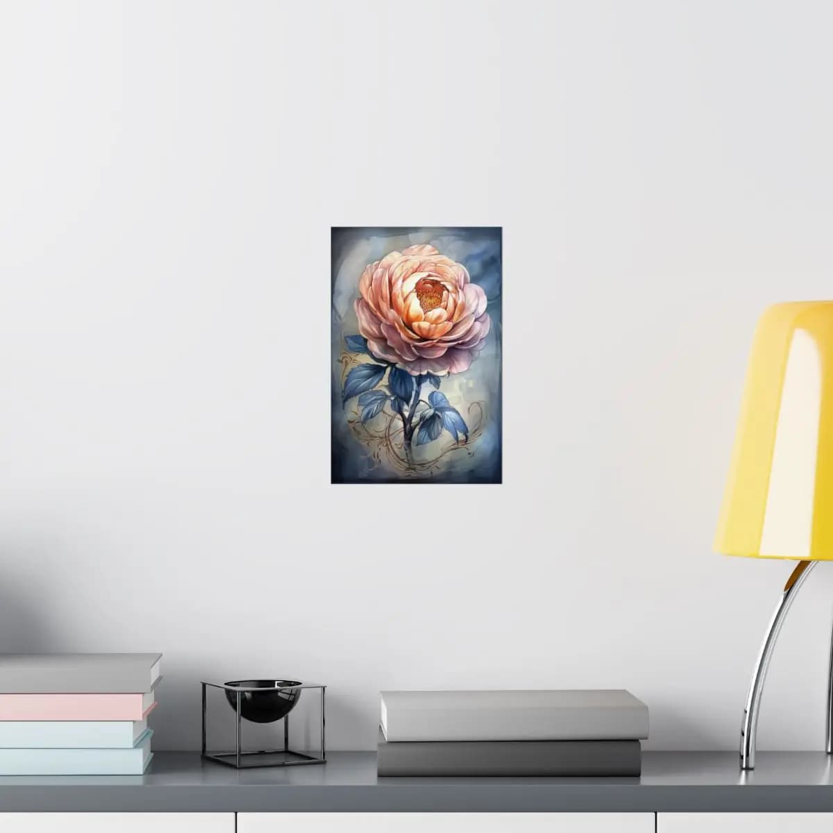Golden Peony with Sapphire Blue Leaves - Matte Vertical Posters mockup angle 8
