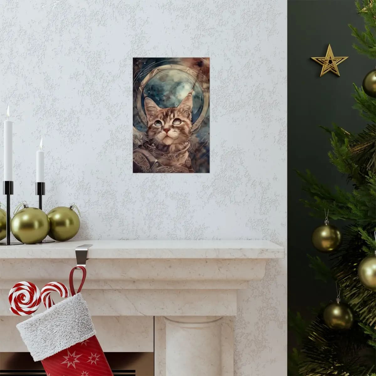 Stargazing Kitten Astronaut in Ornate Armor - Matte Vertical Posters mockup angle 7