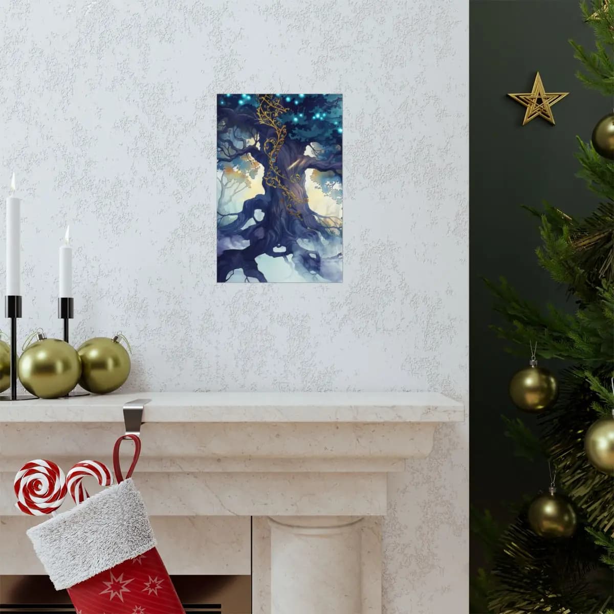 Ancient Tree of Golden Ornaments and Celestial Lights - Matte Vertical Posters mockup angle 7