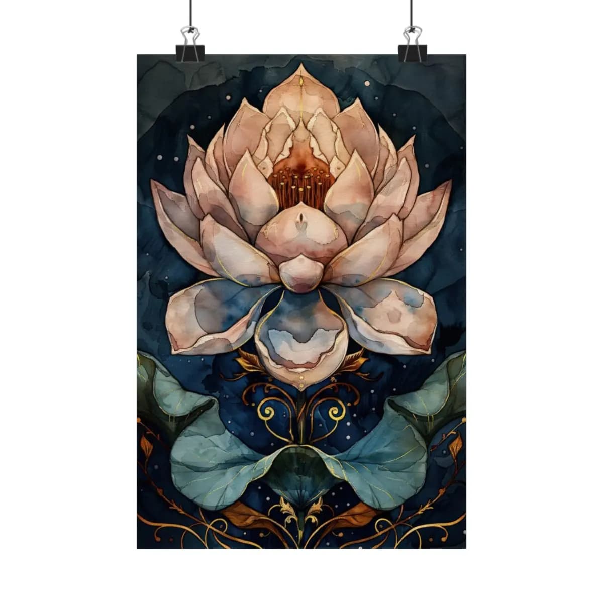 Sacred Lotus with Nocturnal Golden Ornaments - Matte Vertical Posters mockup angle 1