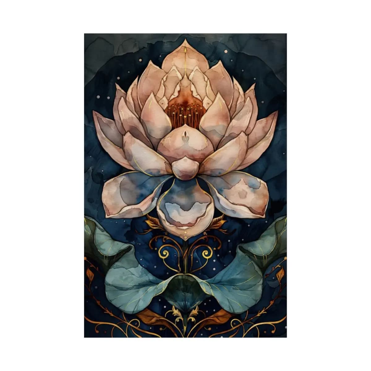 Sacred Lotus with Nocturnal Golden Ornaments - Matte Vertical Posters mockup angle 2