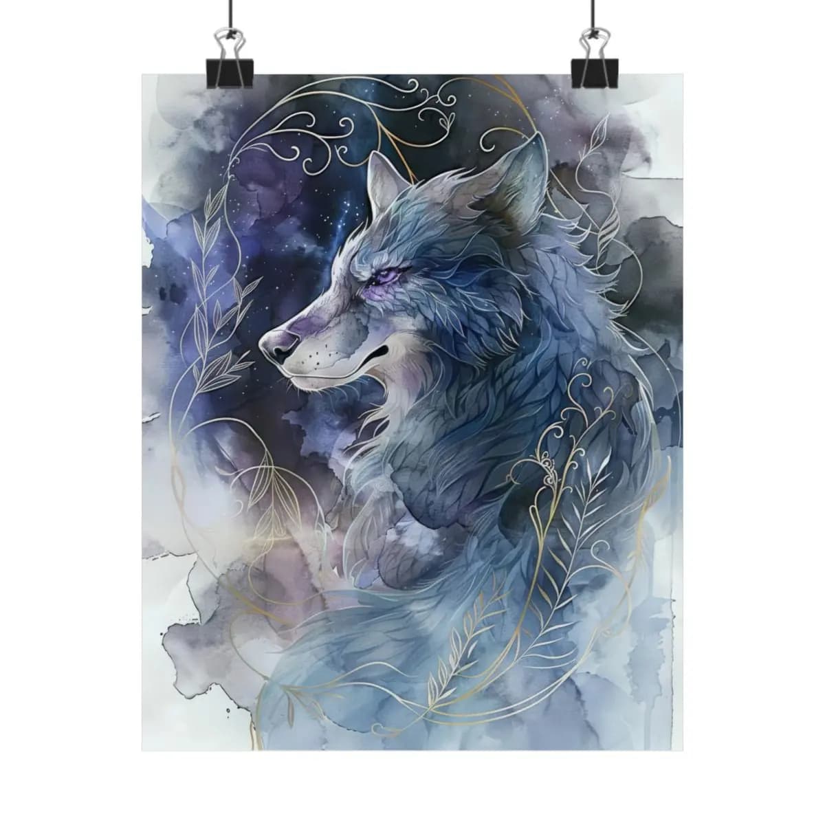 Celestial Wolf with Golden Vines and Starlit Sky - Matte Vertical Posters mockup angle 1